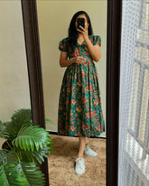 Dusty Green Cotton Lotus Print Dress - pasoya
